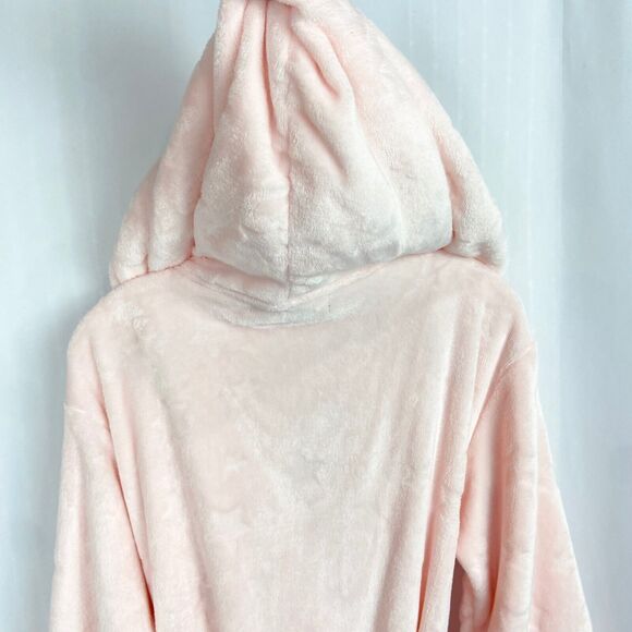Tommy Hilfiger Pink Star Print Hooded Robe Sz L XL Soft Faux Fur Texture Pockets - Picture 8 of 11